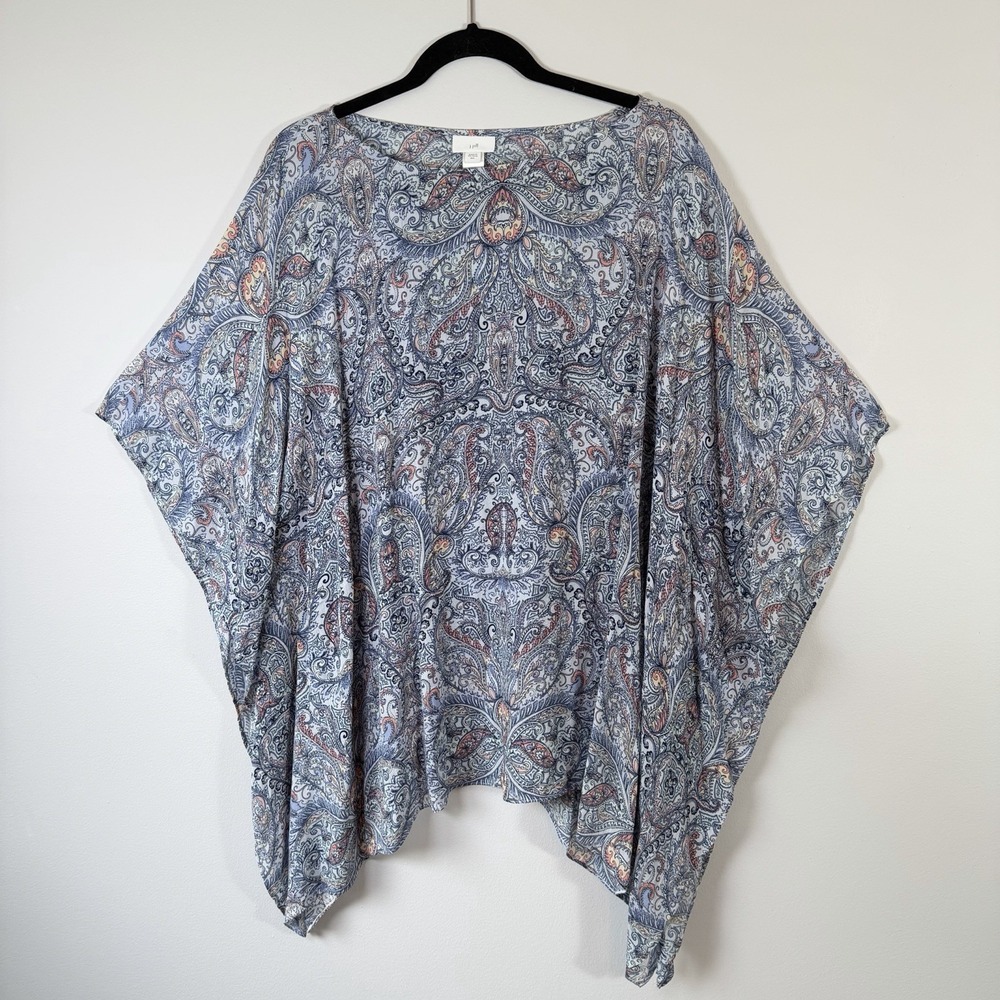 J Jill Paisley‎ Poncho Top Blue Rayon Boho Cape Artsy Summer Lagenlook M/L